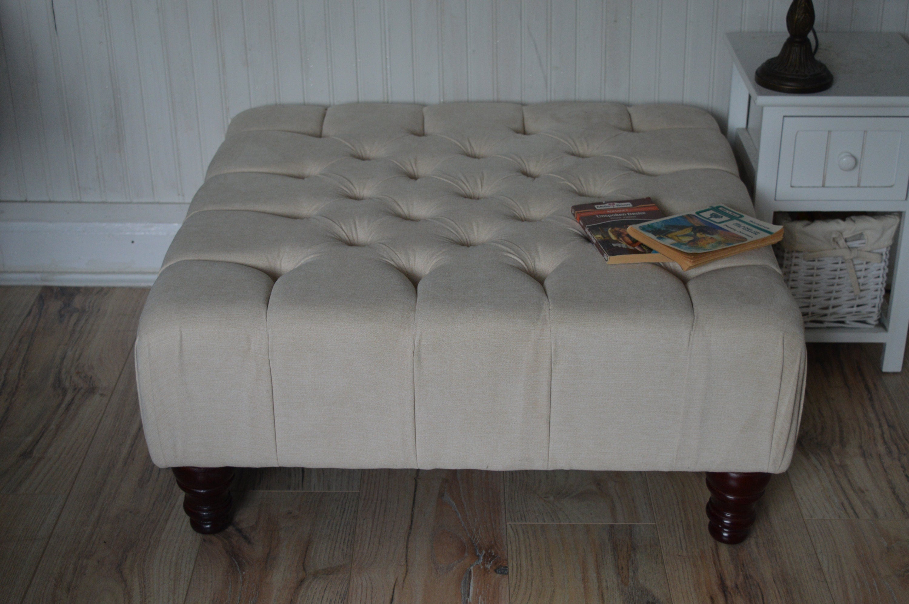 Square Chesterfield Deep Buttoned Footstool in Casino Beige Fabric With Mahogany Turned Hard Wood Legs