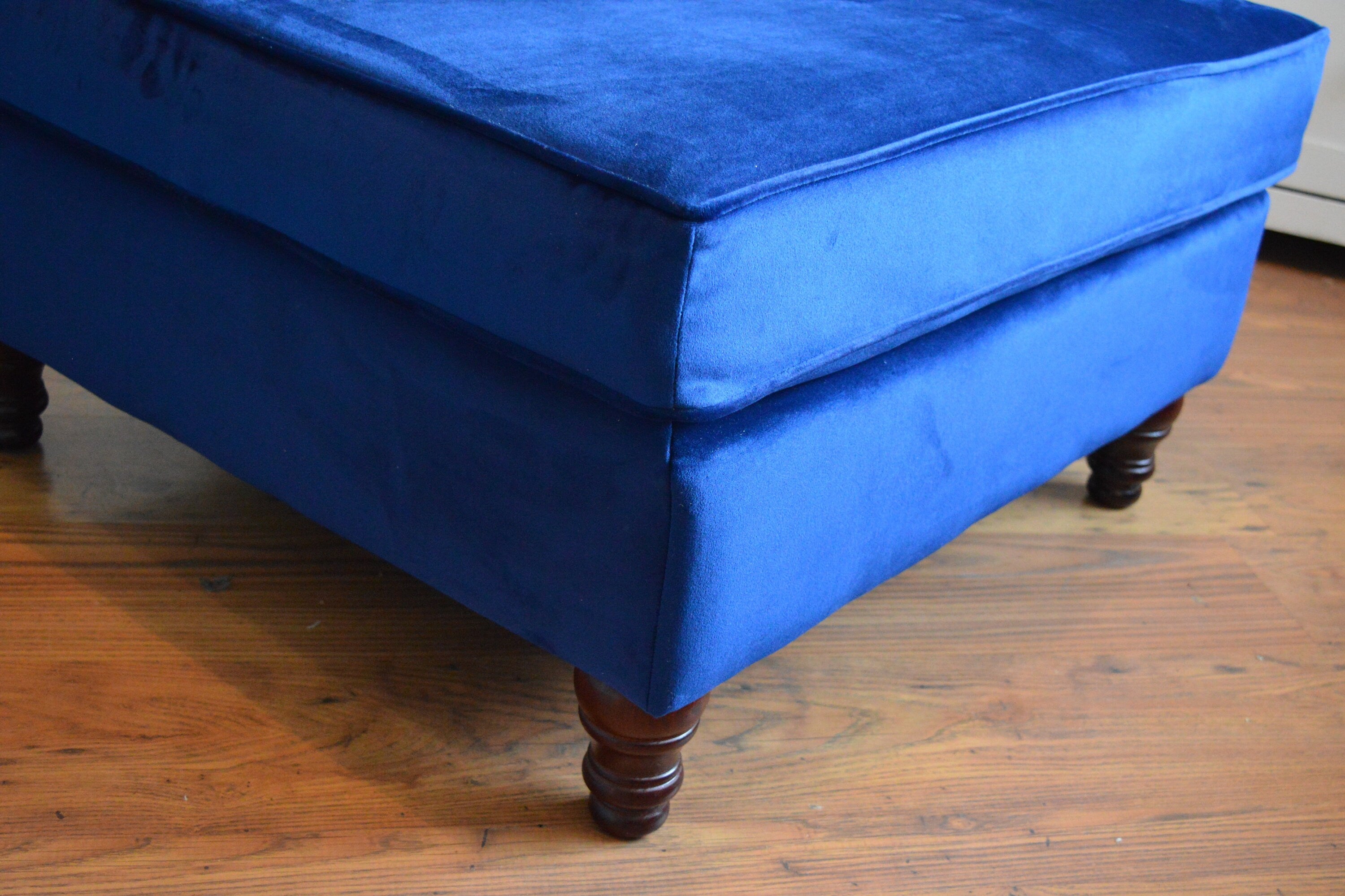 Square Fixed Top Cushion Footstool in Blue Velvet  Fabric With Mahogany Turned Hardwood Legs