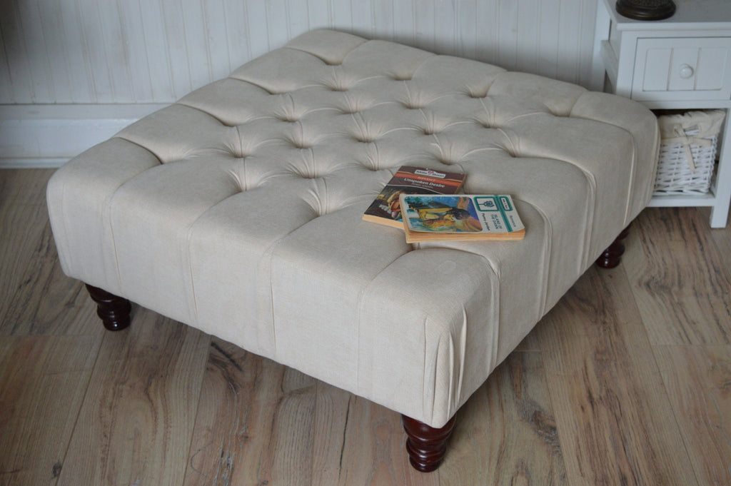 Square Chesterfield Deep Buttoned Footstool in Casino Beige Fabric With Mahogany Turned Hard Wood Legs