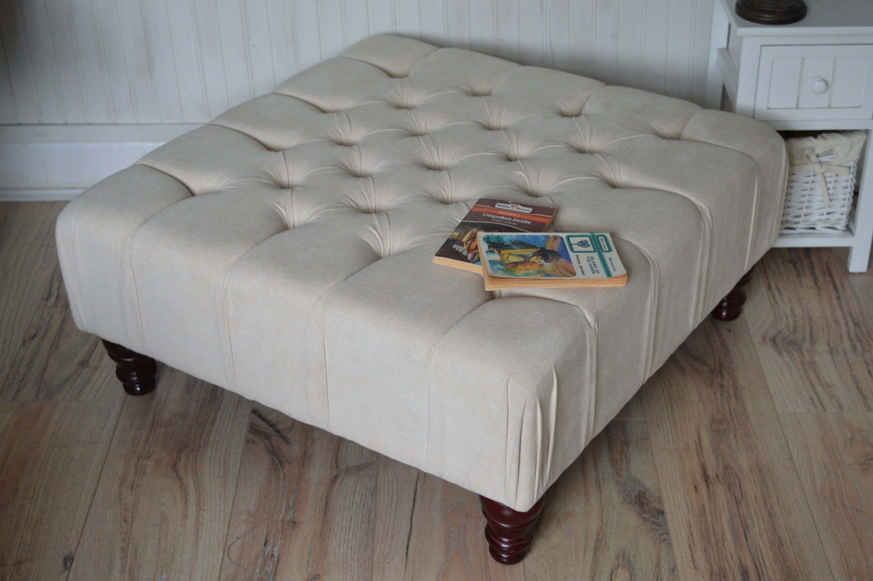 Square Chesterfield Deep Buttoned Footstool in Casino Beige Fabric With Mahogany Turned Hard Wood Legs