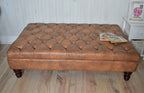 Chesterfield Extra Large Deep Buttoned Footstool in Premium Tan Faux Leather With Mahogany Turned Hardwood Legs