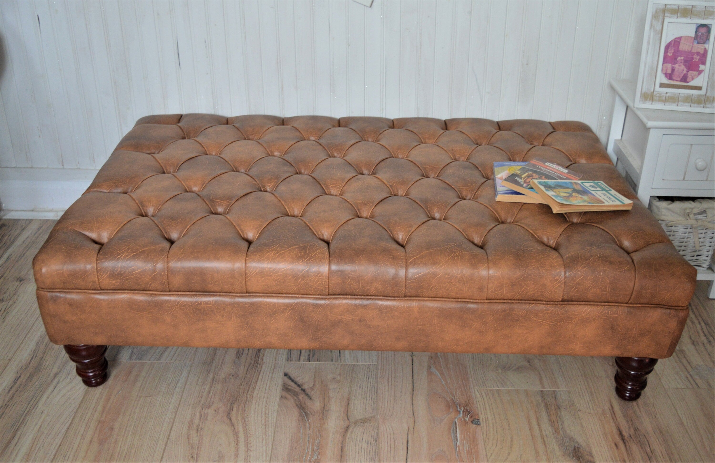 Chesterfield Extra Large Deep Buttoned Footstool in Premium Tan Faux Leather With Mahogany Turned Hardwood Legs