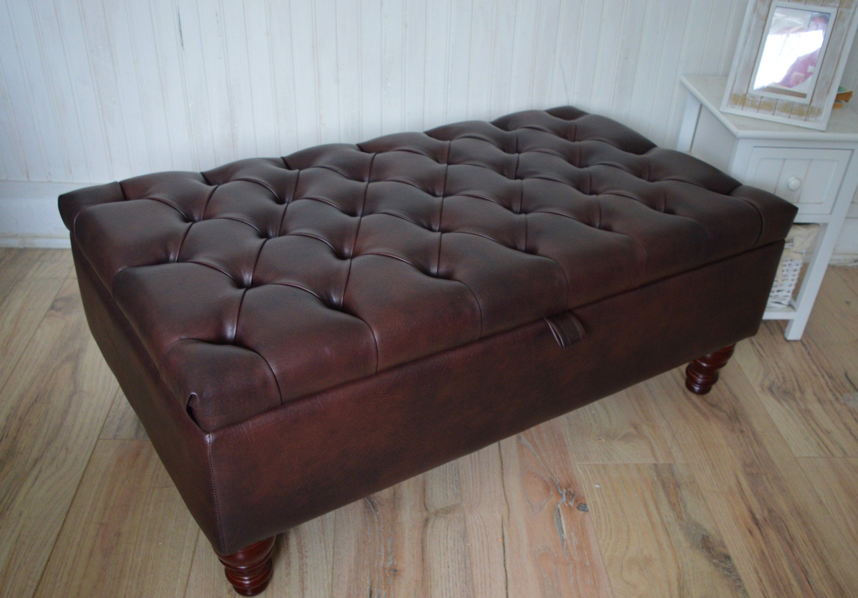 Chesterfield Deep Buttoned  Footstool With Storage in Premium Dark Brown Faux Leather