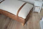 Mayfair Footstool  in Ivory Boucle Fabric And Premium Tan Faux Leather With Natural Oak Legs