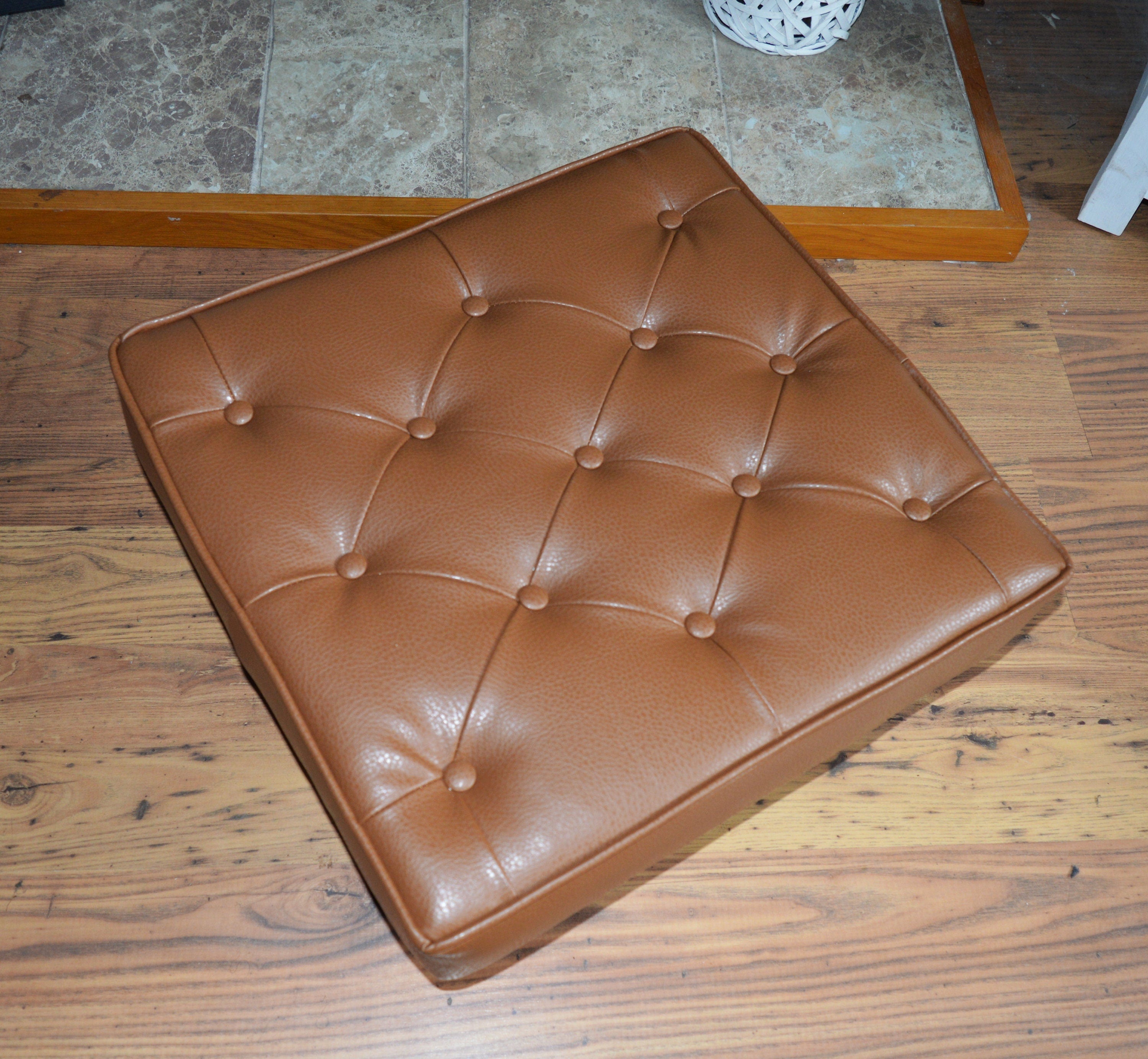 Buttoned and Piped Footstool Chesterfield Saddle Faux Leather With Hardwood Legs
