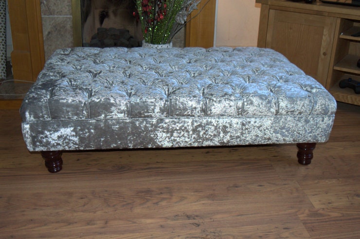Chesterfield Extra Large Deep Buttoned Footstool in a Premium Crushed Silver Velvet With Turned Mahogany Hardwood Legs