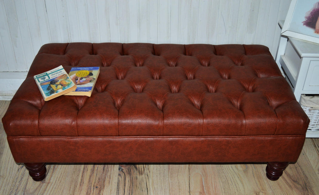 Chesterfield Design Footstool in Chestnut Brown Faux Leather With Mahogany Turned Hardwood Legs