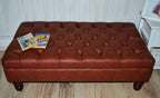 Chesterfield Design Footstool in Chestnut Brown Faux Leather With Mahogany Turned Hardwood Legs