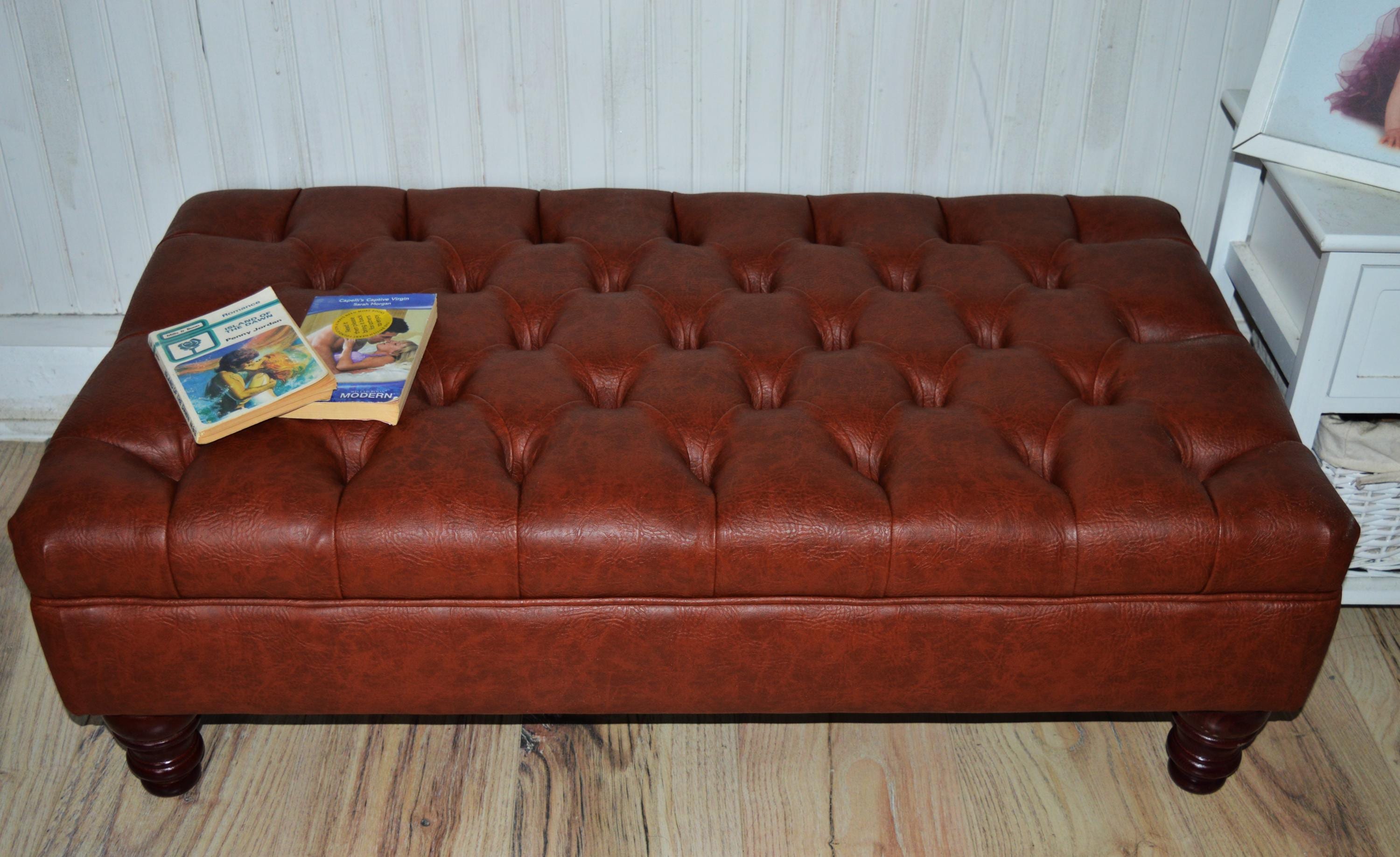 Chesterfield Design Footstool in Chestnut Brown Faux Leather With Mahogany Turned Hardwood Legs
