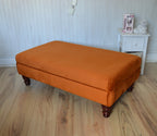 Flat Top Footstool With Piping Trim in Burnt Orange Velvet With Mahogany Turned Hard Wood Legs
