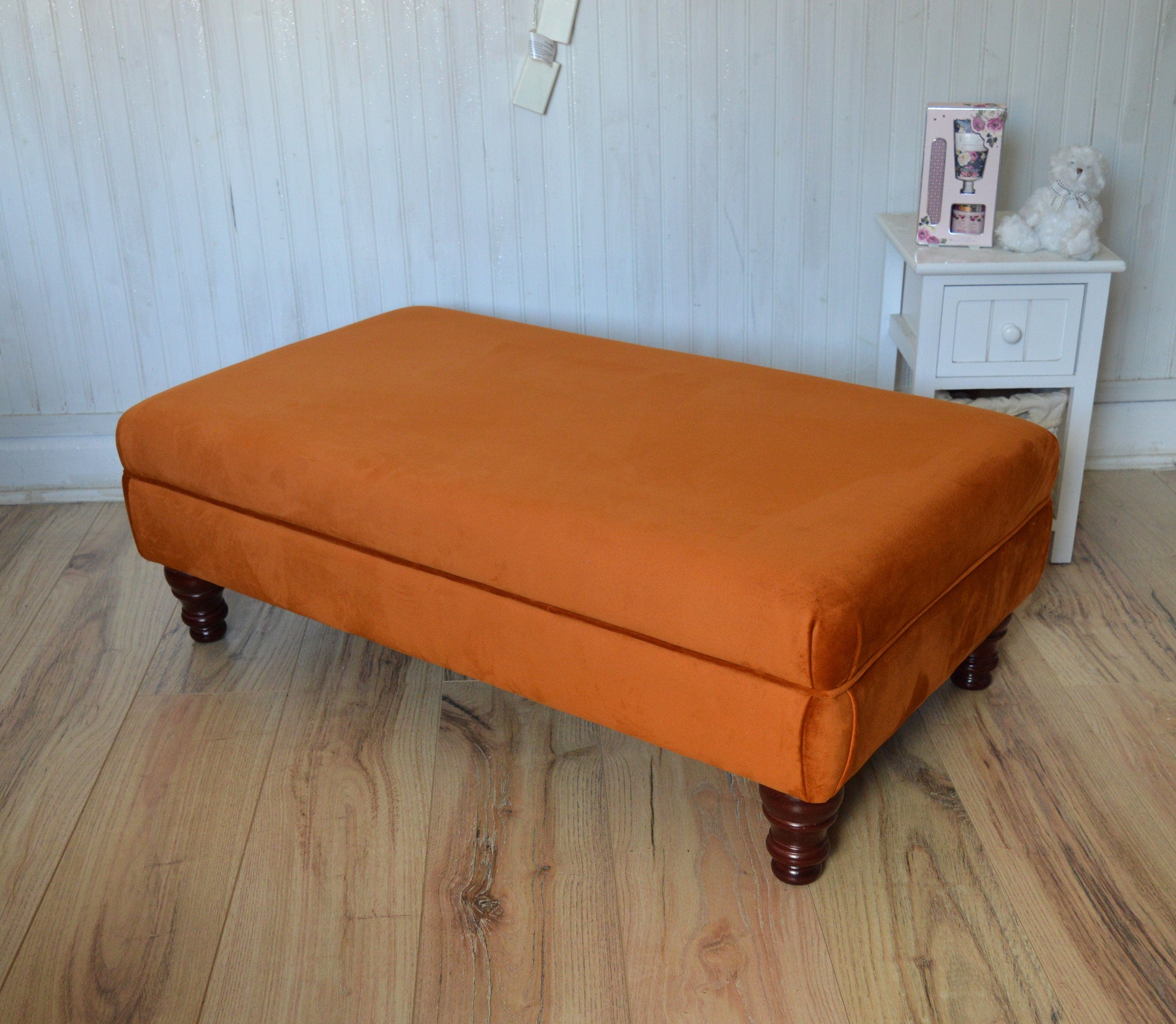 Flat Top Footstool With Piping Trim in Burnt Orange Velvet With Mahogany Turned Hard Wood Legs