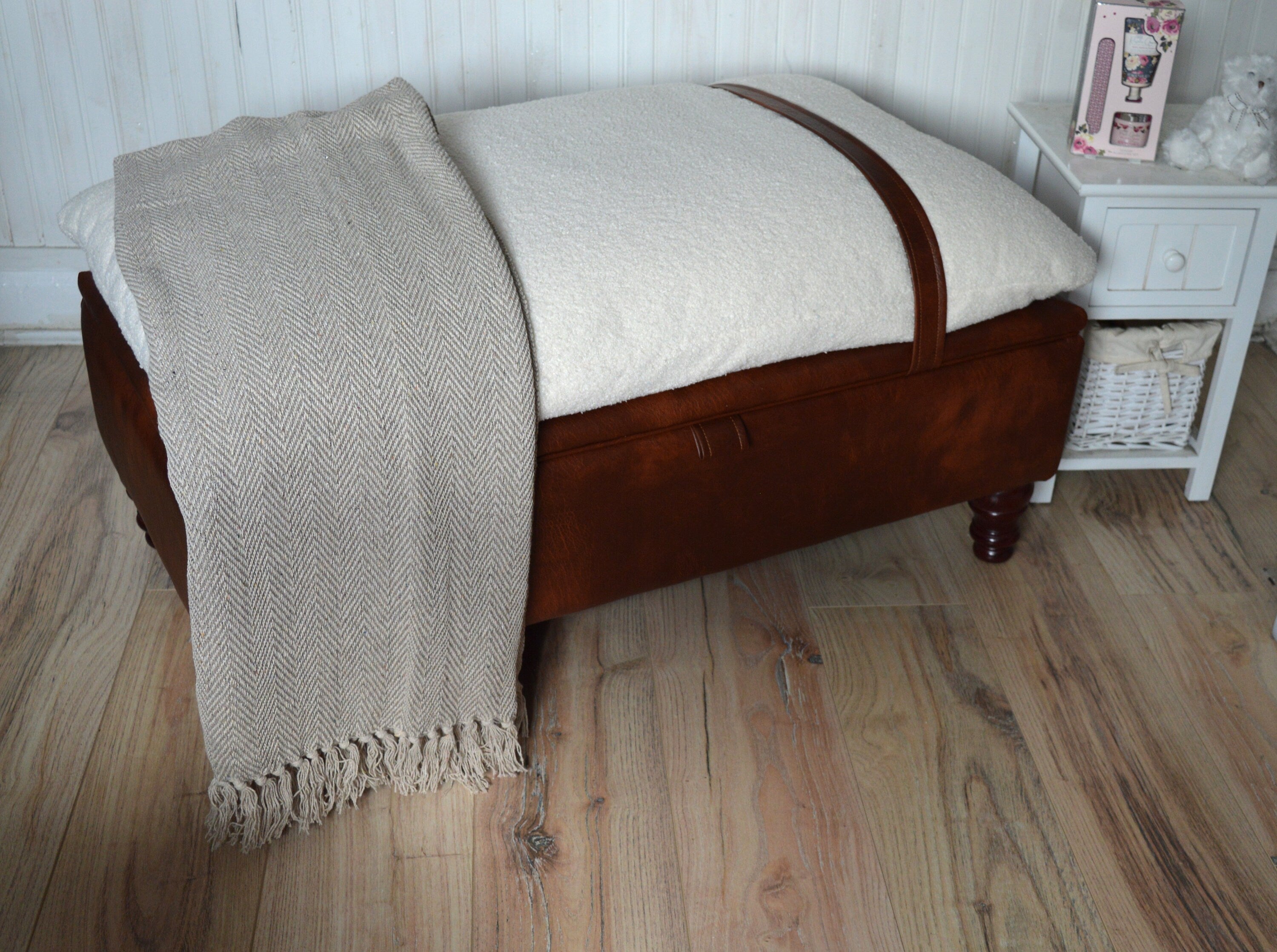 Mayfair Ottoman Footstool With Storage in Ivory Boucle Fabric With Chestnut Faux Leather Base