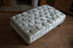 Hand Made Chesterfield Deep Buttoned Footstool in Cream Crushed Velvet With Mahogany Turned Hardwood Legs