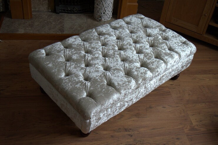 Hand Made Chesterfield Deep Buttoned Footstool in Cream Crushed Velvet With Mahogany Turned Hardwood Legs