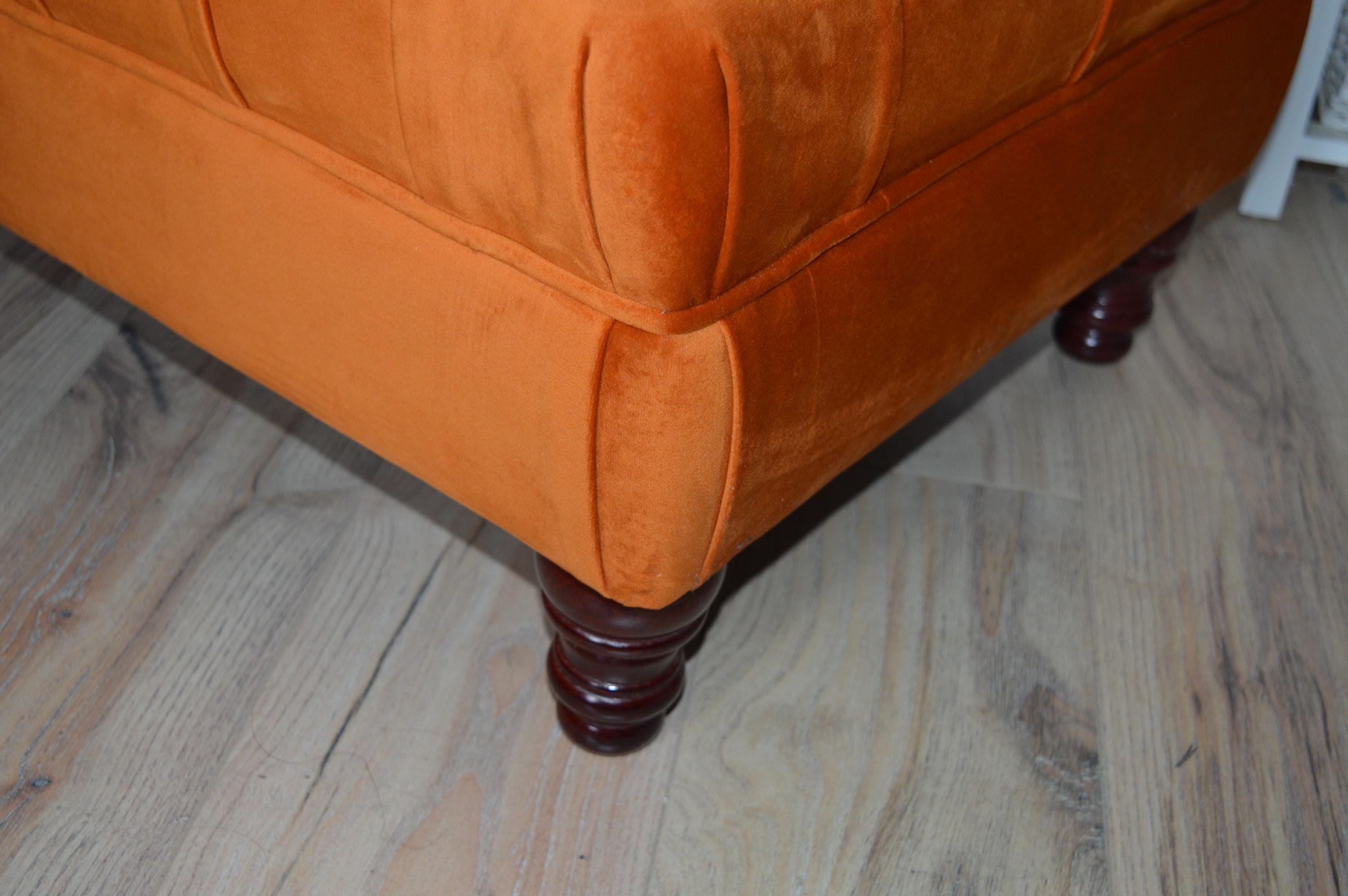 Chesterfield Design Deep Buttoned Footstool in Burnt Orange Velvet Fabric With Mahogany Turned Hard Wood Legs