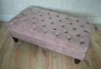 Chesterfield Deep Buttoned Footstool in Blush Pink Velvet With Mahogany Turned Hard Wood Legs
