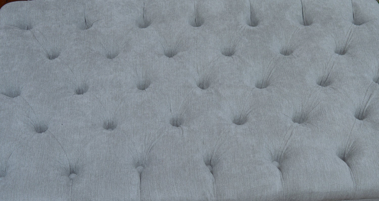 Chesterfield Deep Buttoned Footstool in Casino Crush Silver With Turned Wood Legs