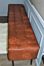 Extra Large 2mtr Bench Seating Style Chesterfield Buttoned Footstool  in Premium Faux Chestnut Leather With metal Legs