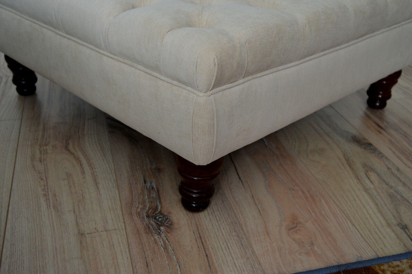 Chesterfield Extra Large Deep Buttoned Footstool in Casino Biege Fabric With Turned Hardwood Legs