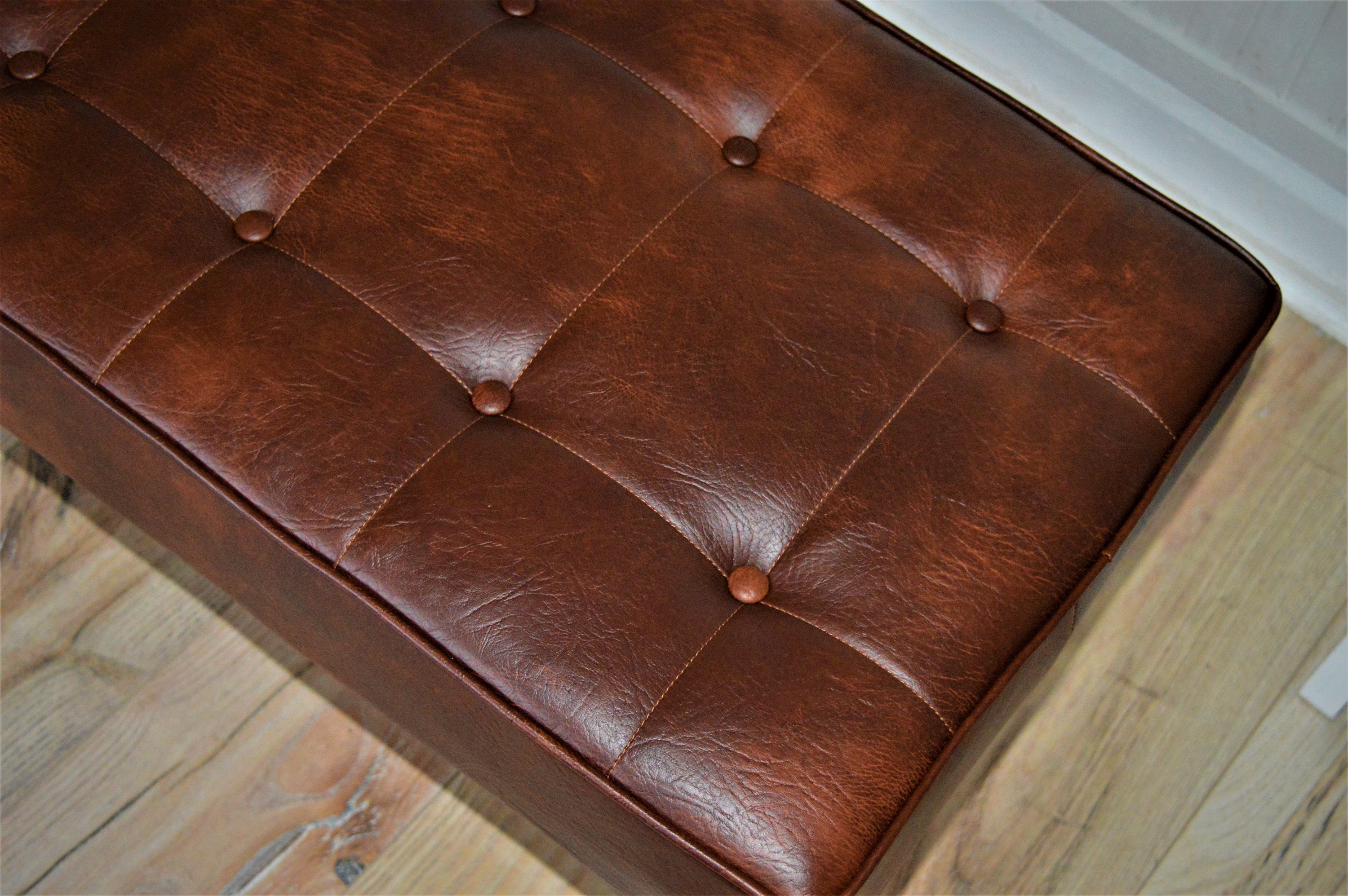 Bench Seating Style Buttoned Footstool Hall Table With Stitching Detail in Premium Faux Chestnut Leather With Hairpin Legs