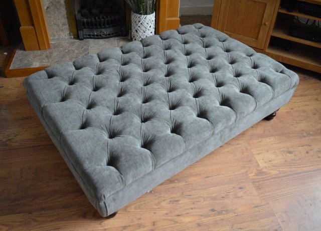 Chesterfield Extra Large Deep Buttoned Footstool in Casino Dark grey With Turned Hardwood Legs