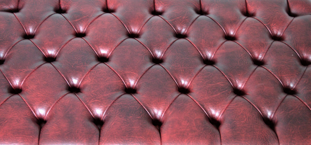 Chesterfield Style Deep Buttoned Footstool in Premium Wine Faux Leather With Turned Mahogany Hardwood Legs