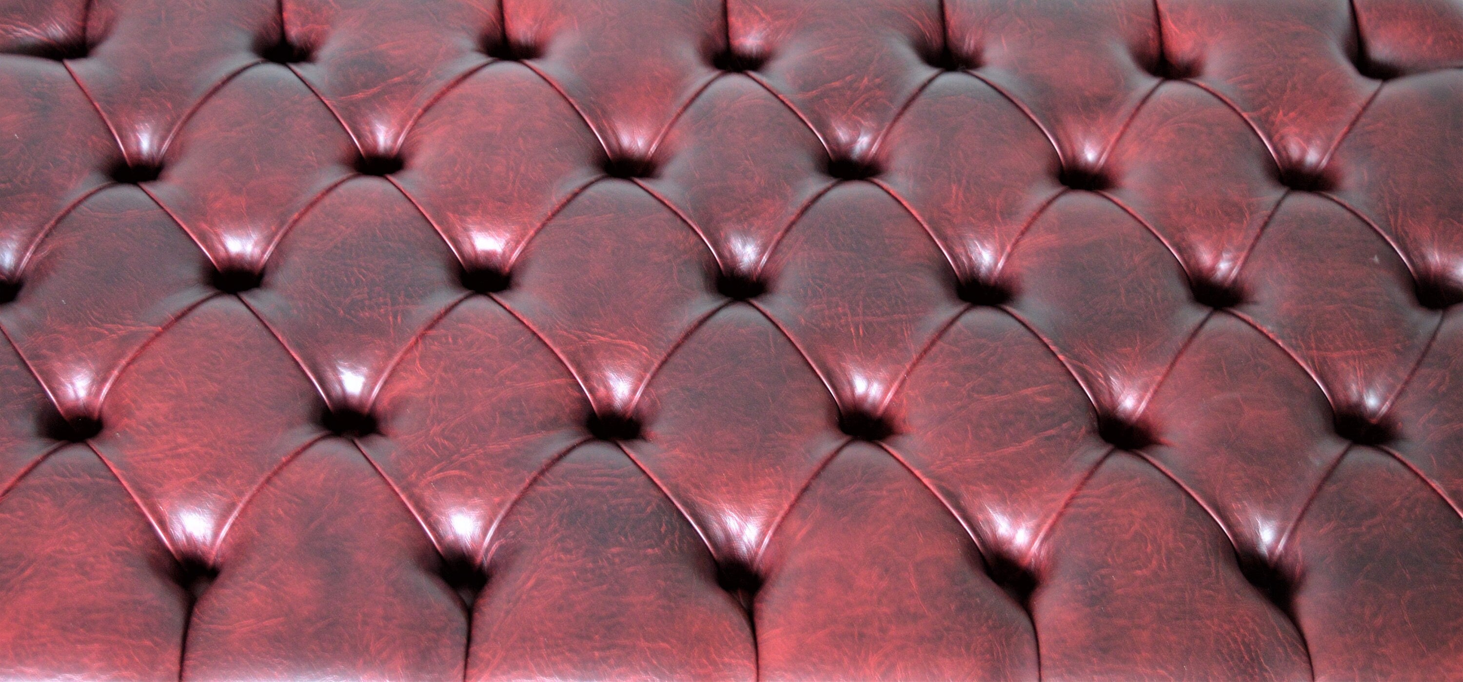 Chesterfield Style Deep Buttoned Footstool in Premium Wine Faux Leather With Turned Mahogany Hardwood Legs