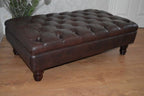 Chesterfield Style Deep Buttoned Footstool in Premium Dark Brown Faux Leather With Turned Hardwood Legs