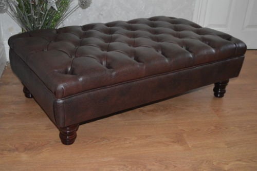 Chesterfield Style Deep Buttoned Footstool in Premium Dark Brown Faux Leather With Turned Hardwood Legs
