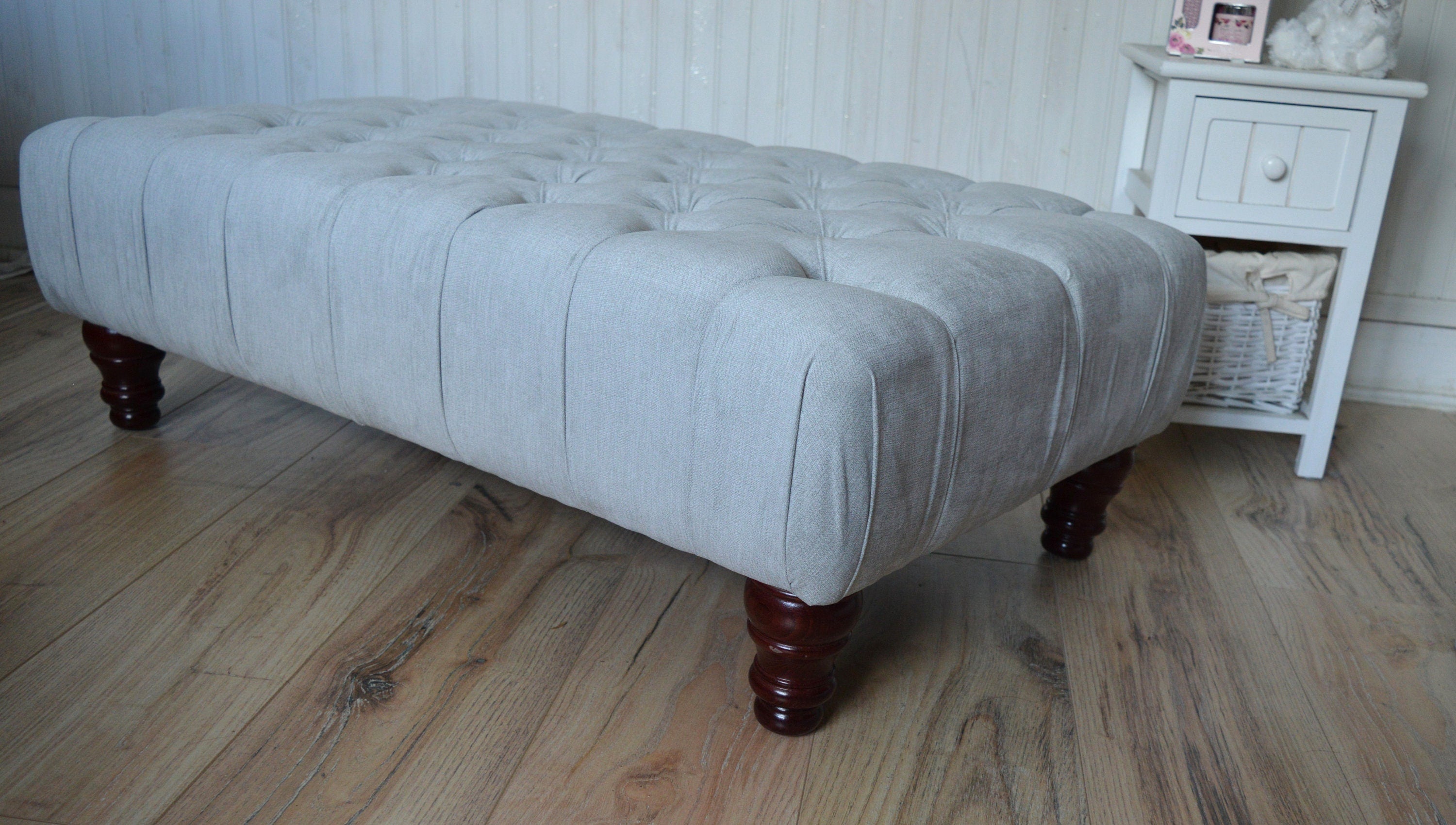 Chesterfield Style Deep Buttoned Footstool in Casino Silver Fabric  With Mahogany Hardwood Legs