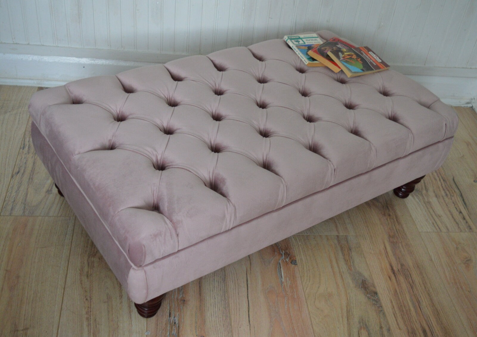 Chesterfield Deep Buttoned Footstool in Blush Pink Velvet With Mahogany Turned Hard Wood Legs