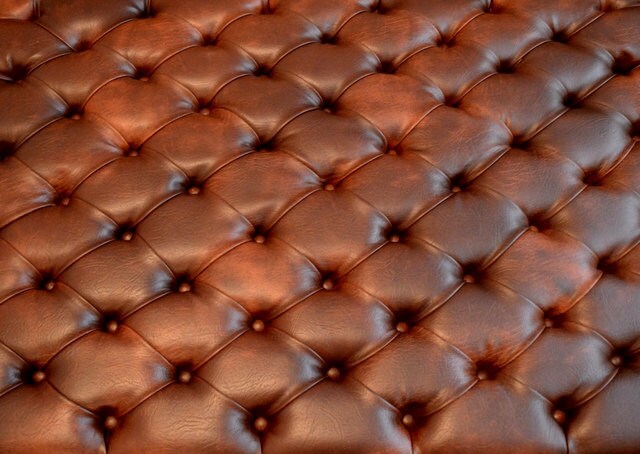 Chesterfield Extra Large Deep Buttoned Footstool in Premium Chestnut Faux Leather With Mahogany Turned Hardwood Legs