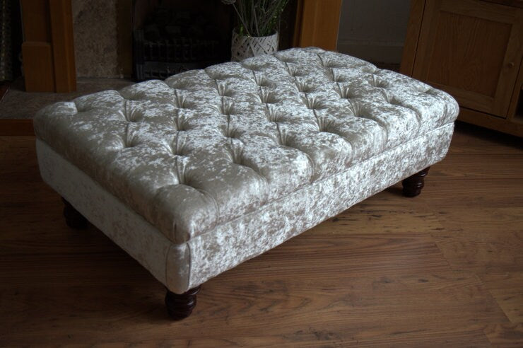 Hand Made Chesterfield Deep Buttoned Footstool in Cream Crushed Velvet With Mahogany Turned Hardwood Legs