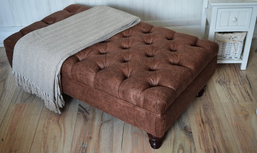 Handmade Antique Brown Faux Suede  Chesterfield Footstool – Ottoman – Coffee Table – Footrest – Mahogany Turned Hardwood Legs