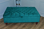 Chesterfield Deep Buttoned Storage Ottoman Footstool in Teal Velvet With Mahogany Turned Hard Wood Legs