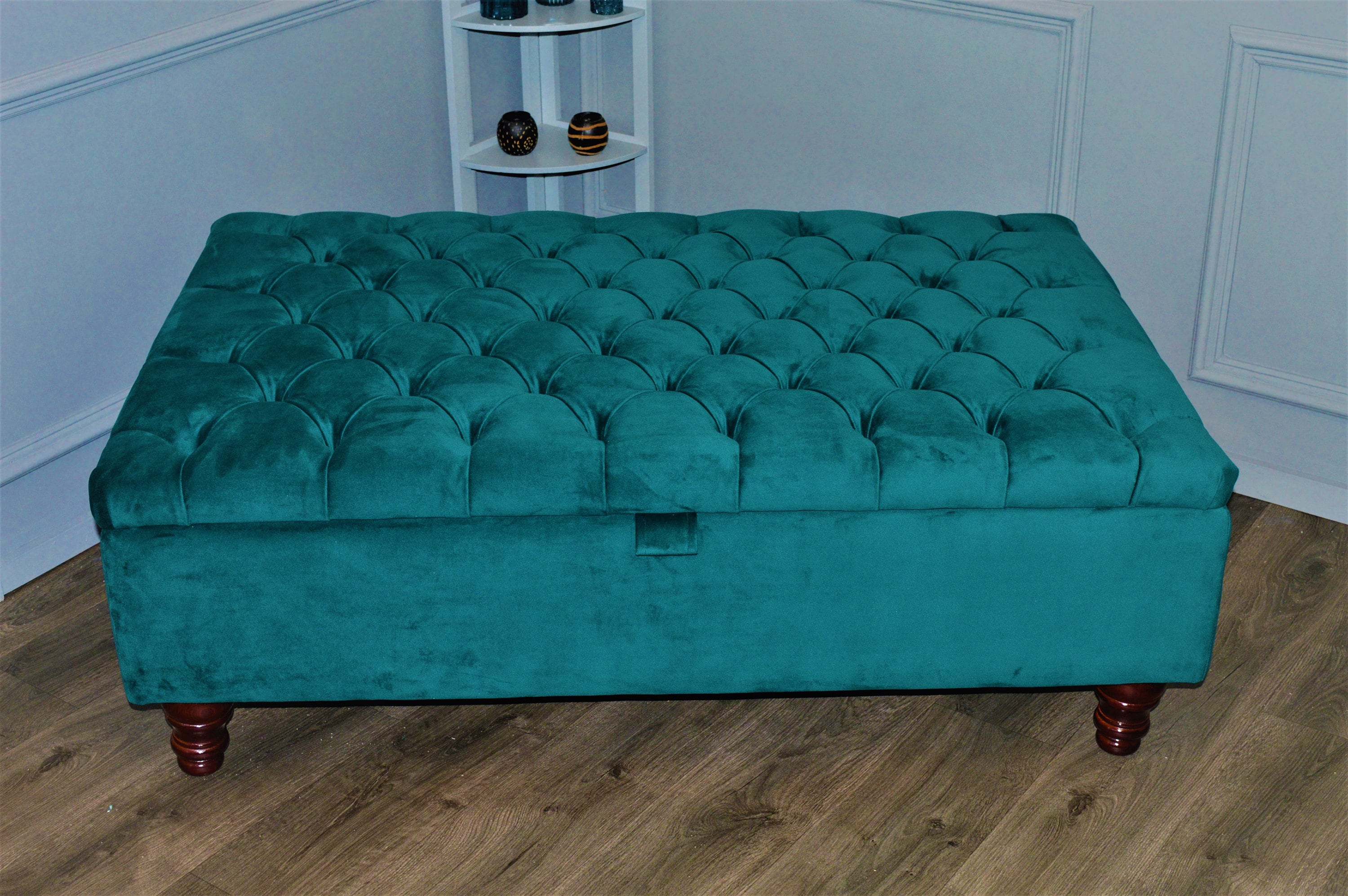 Chesterfield Deep Buttoned Storage Ottoman Footstool in Teal Velvet With Mahogany Turned Hard Wood Legs