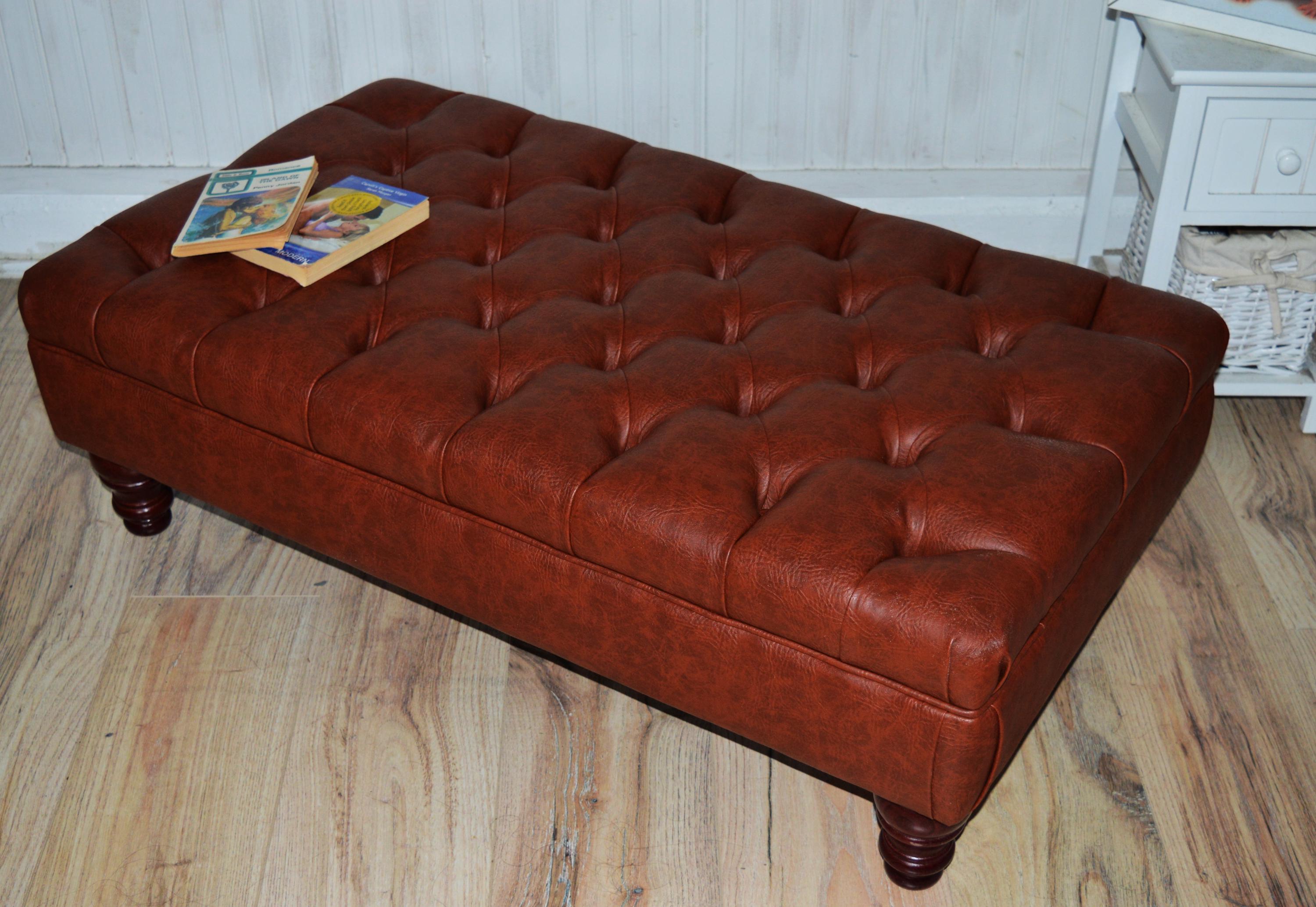 Chesterfield Design Footstool in Chestnut Brown Faux Leather With Mahogany Turned Hardwood Legs