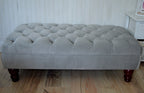 Chesterfield Deep Buttoned Footstool in a Plush Silver Velvet With Mahogany Turned Hard Wood Legs