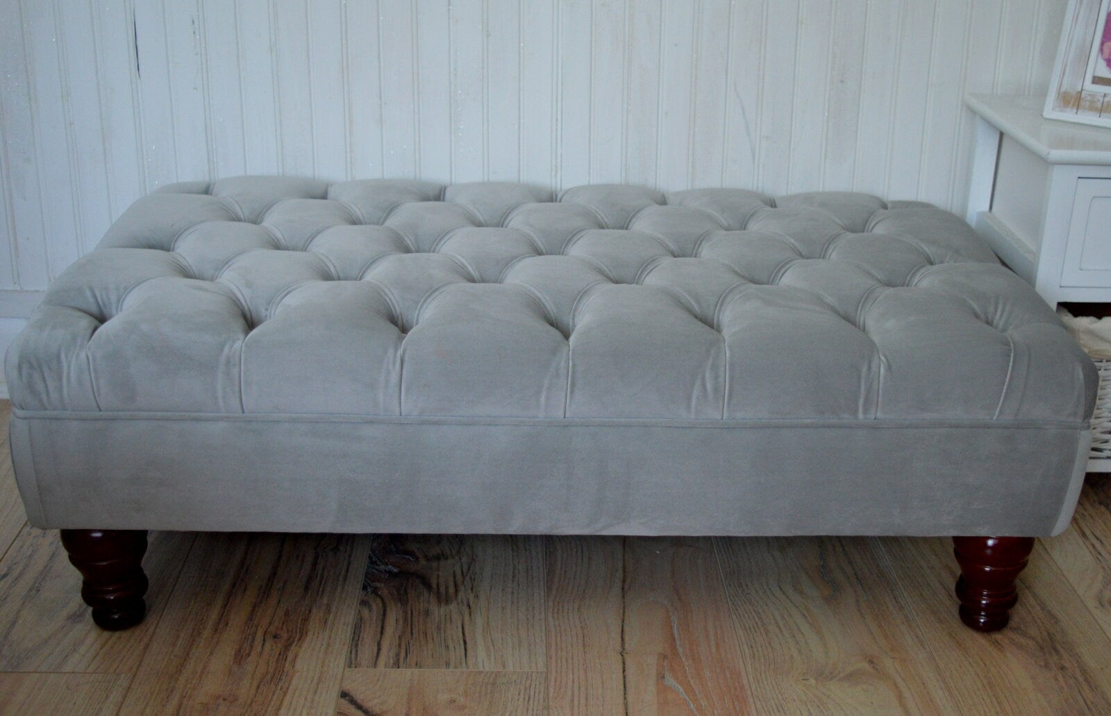 Chesterfield Deep Buttoned Footstool in a Plush Silver Velvet With Mahogany Turned Hard Wood Legs