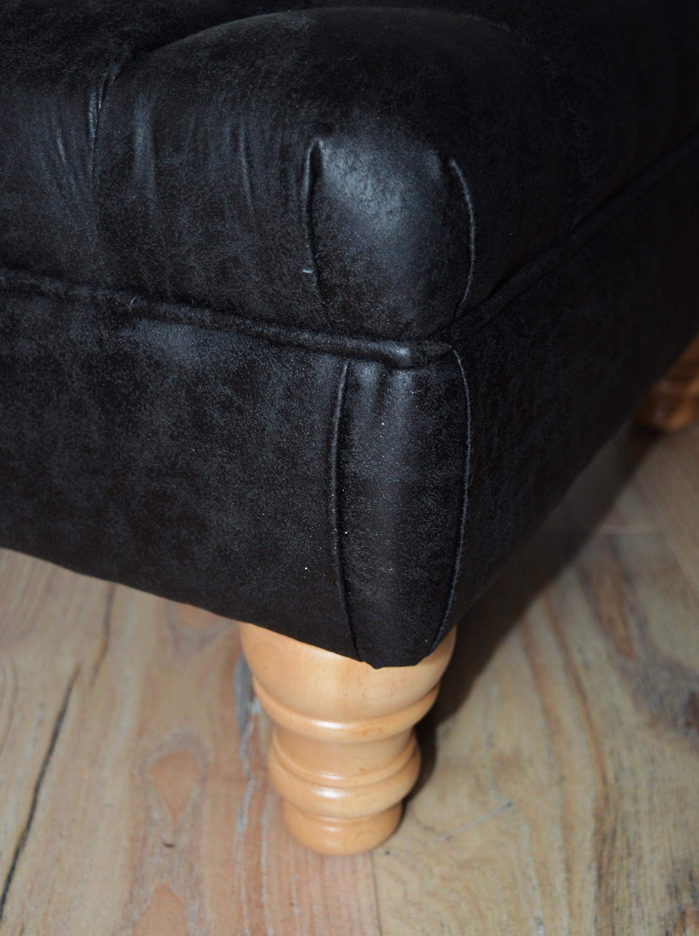 Handmade Antique Black Faux Suede  Chesterfield Footstool  Coffee Table – Footrest – Oak Turned Hardwood Legs