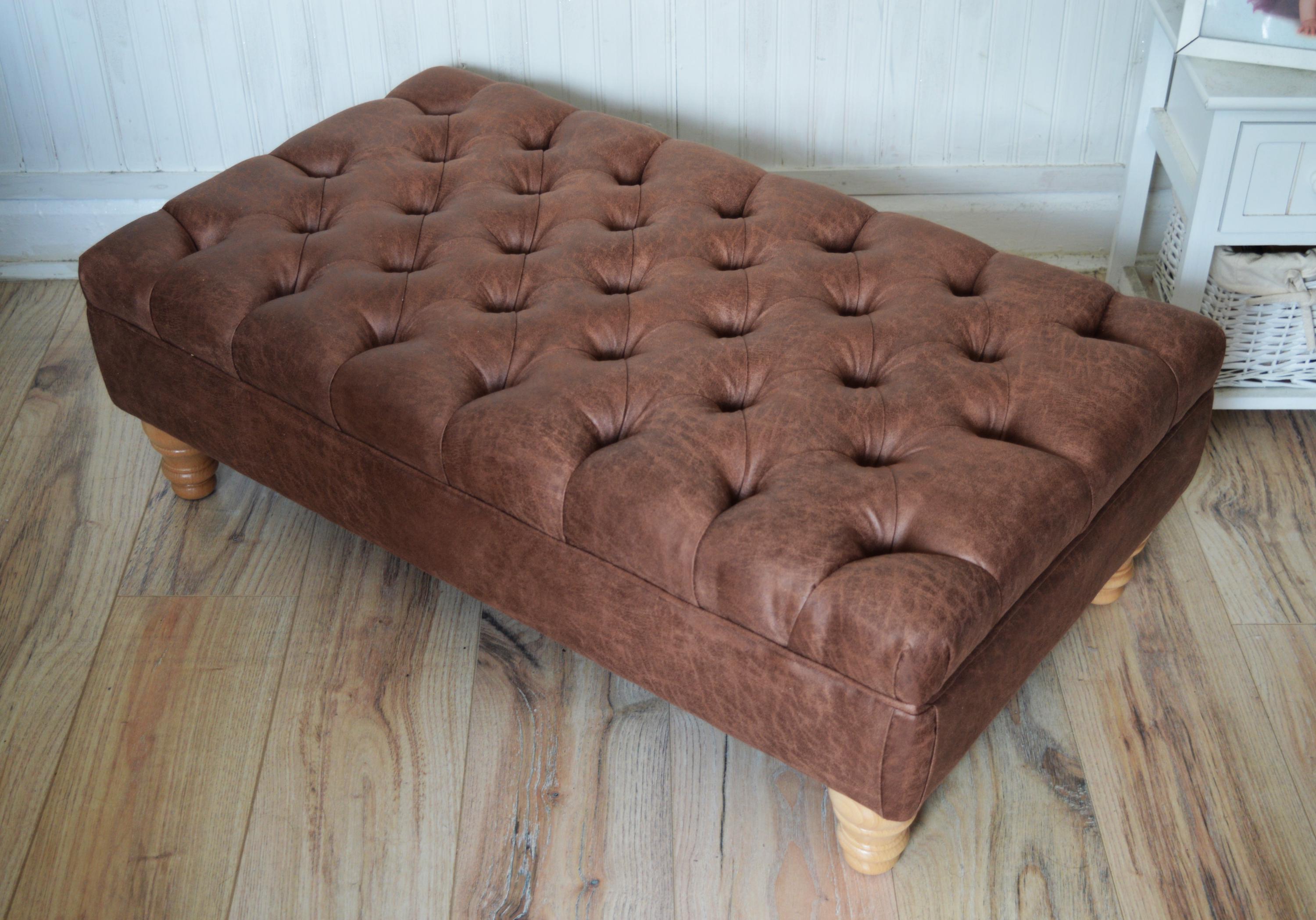 Handmade Antique Brown Faux Suede  Chesterfield Footstool – Ottoman – Coffee Table – Footrest – Oak Turned Hardwood Legs