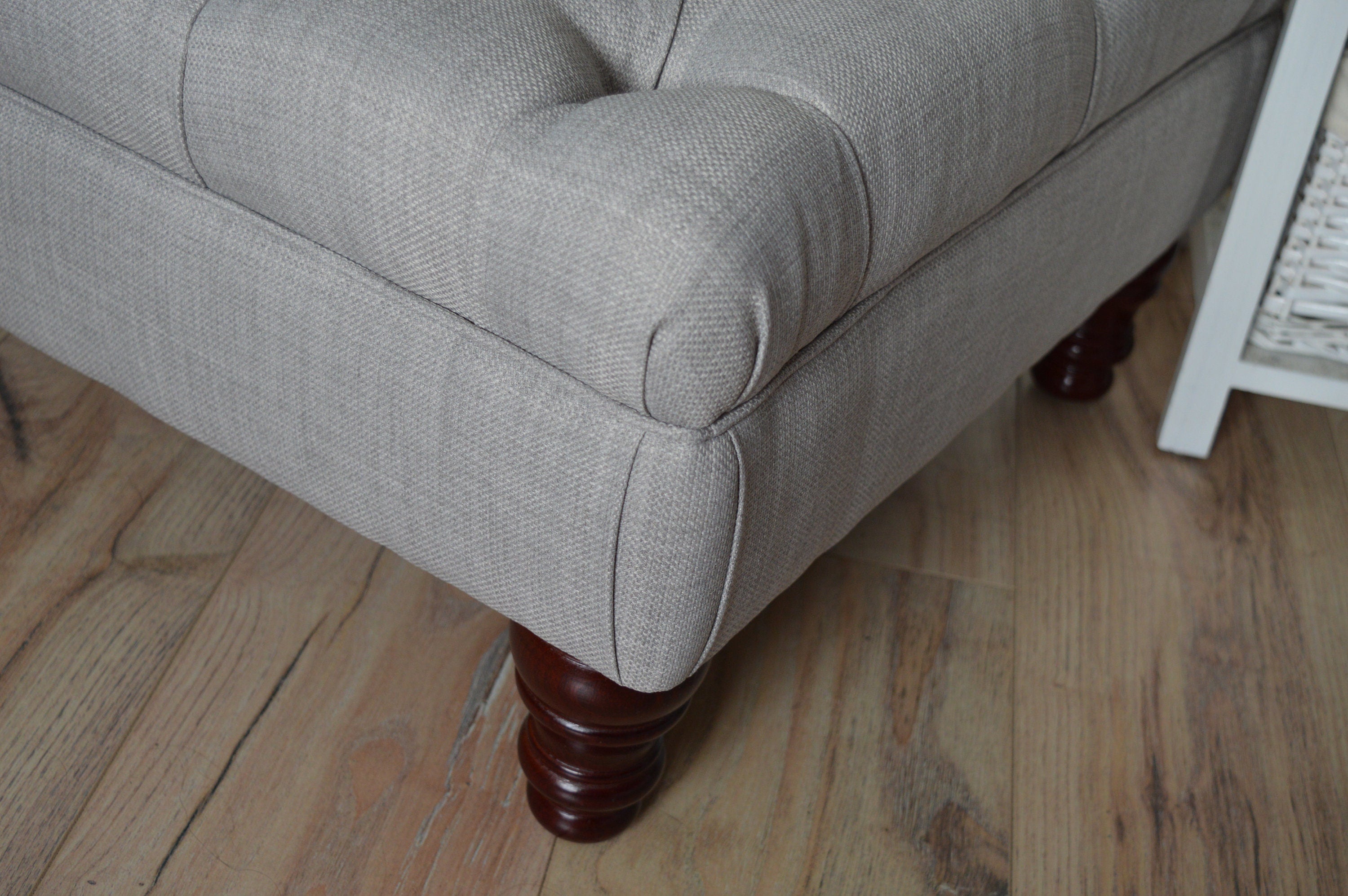 Chesterfield  Deep Buttoned Footstool in Grey Linen Fabric With Mahogany Turned Hardwood Legs