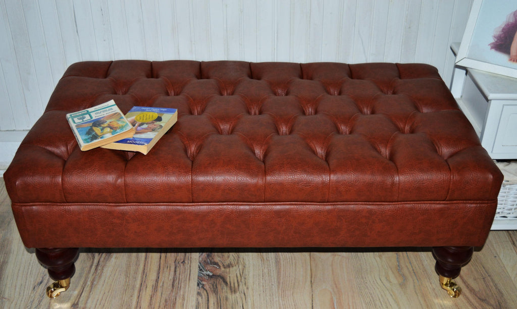 Chesterfield Design Footstool in Chestnut Brown Faux Leather With Brass Castor Turned Hardwood Legs
