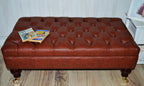 Chesterfield Design Footstool in Chestnut Brown Faux Leather With Brass Castor Turned Hardwood Legs