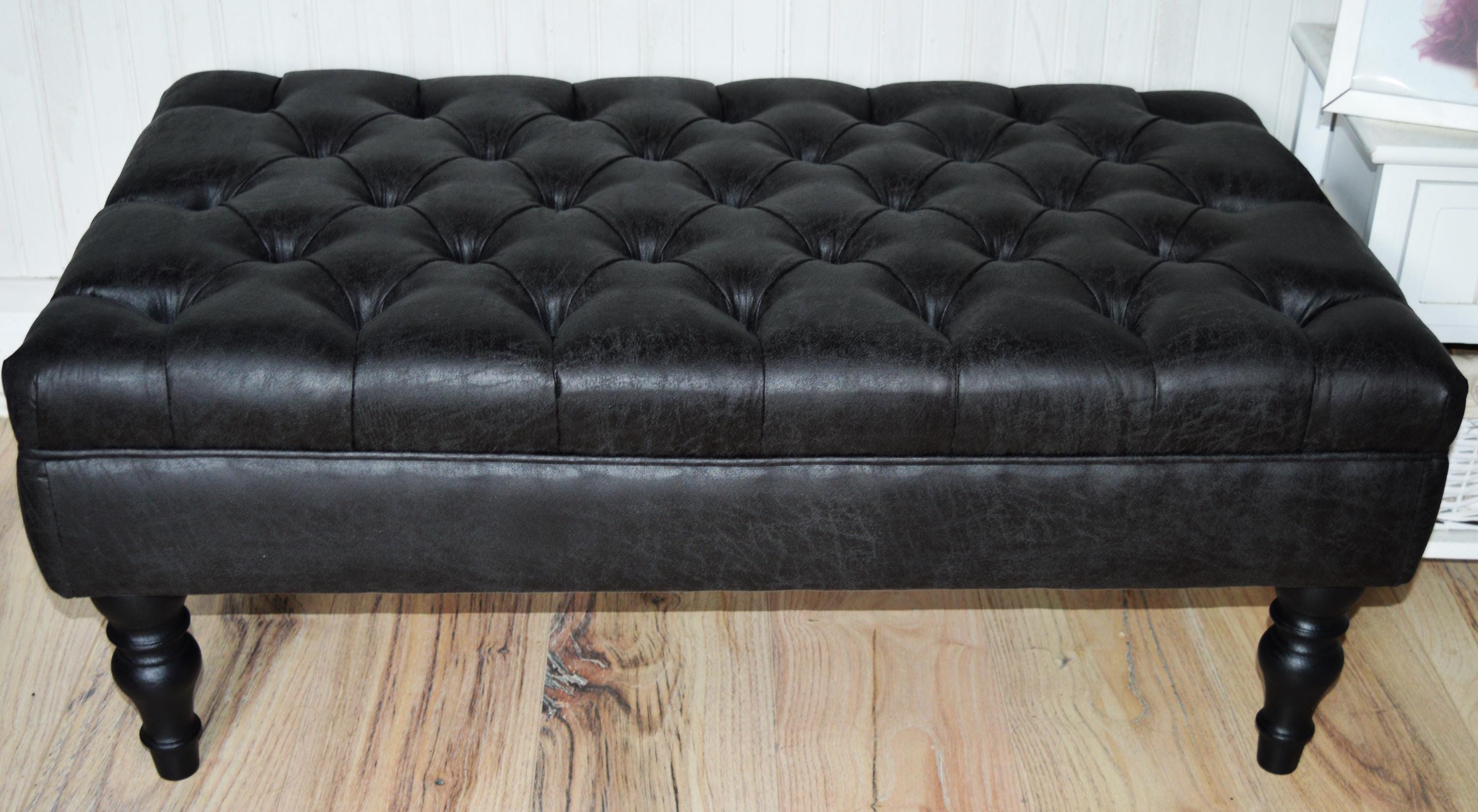 Handmade Antique Black Faux Suede  Chesterfield Footstool  Coffee Table – Footrest – Black Hand Painted Turned Hardwood Legs