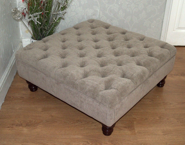 Hand Made Square Design Chesterfield  Deep Buttoned Footstool in Casino Crush Taupe Colour  Fabric With Turned Hard Wood Legs