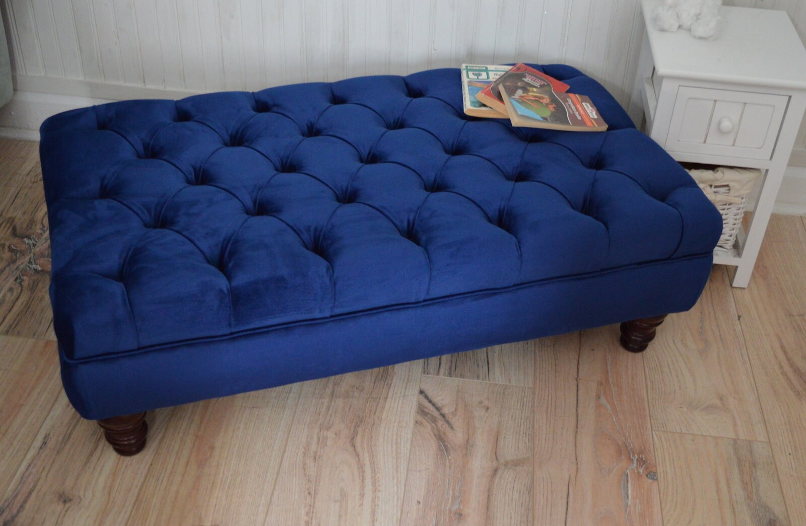Chesterfield Deep Buttoned Footstool in Royal Blue Velvet With Mahogany Turned Hard Wood Legs
