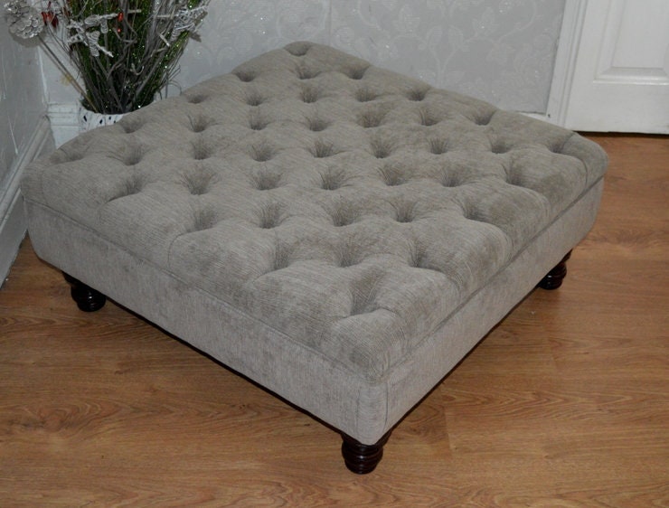 Hand Made Square Design Chesterfield  Deep Buttoned Footstool in Casino Crush Taupe Colour  Fabric With Turned Hard Wood Legs