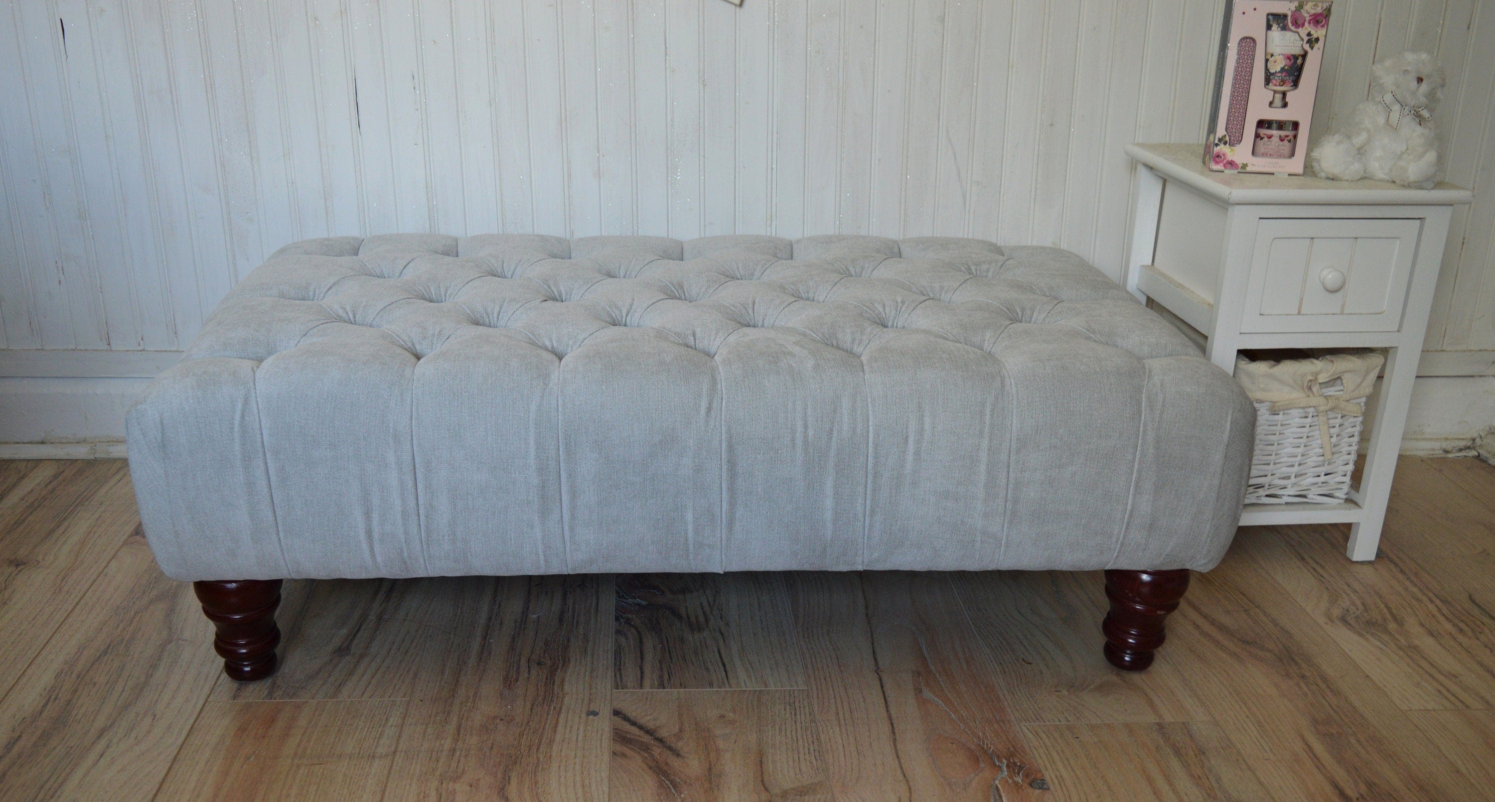 Chesterfield Style Deep Buttoned Footstool in Casino Silver Fabric  With Mahogany Hardwood Legs