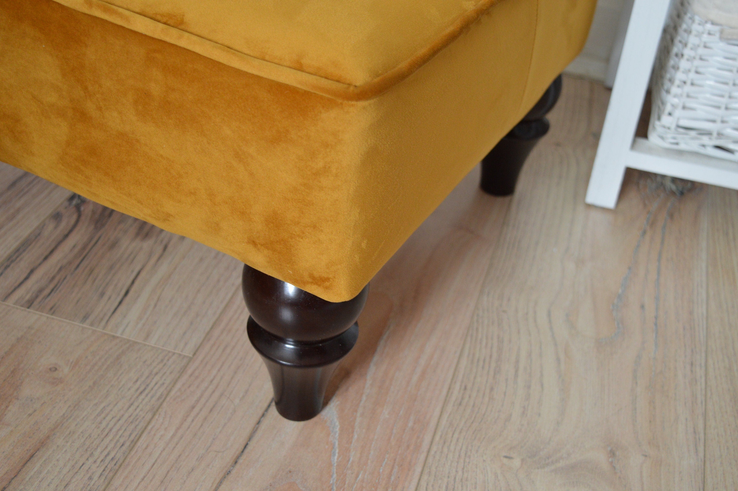Stylish Flat Top Footstool  With Piping Trim in Premium Turmeric Velvet Fabric With Turned Mahogany Hardwood  Legs